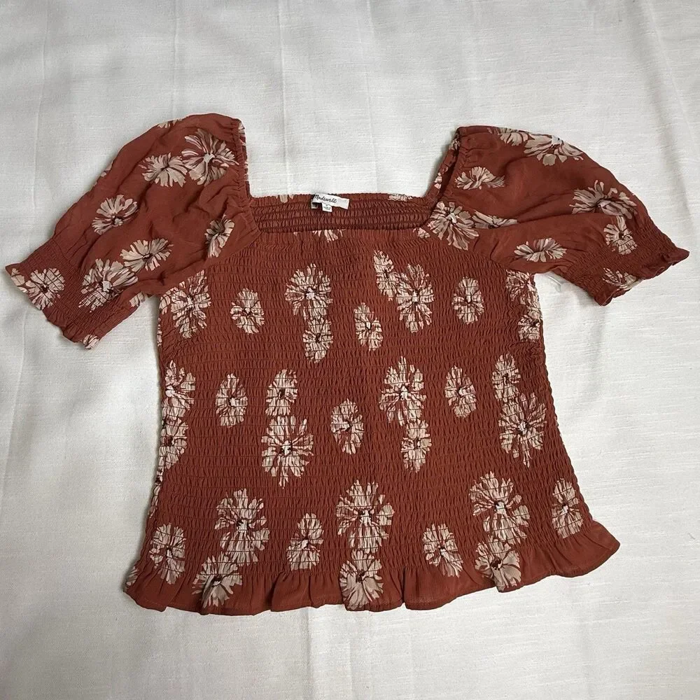 Madewell Moody Blooms Resourced Georgette Lucie Puff Sleeve Smocked Top Sm New